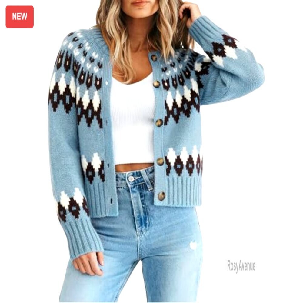 Fair Isle Cropped Cardigan Chunky Knit Crewneck Long Sleeve Sweater Cozy Fall - Picture 5 of 7